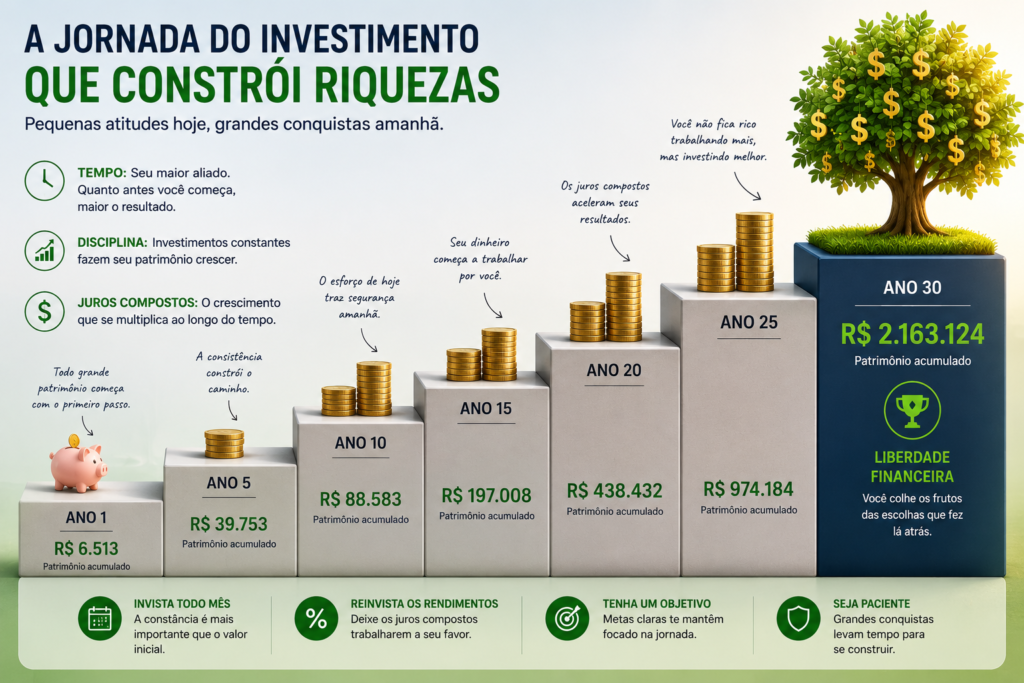 Um infográfico em formato de "escada de sucesso". No primeiro degrau, um pequeno cofrinho. Nos degraus intermediários, pilhas de moedas crescendo. No último degrau (referente ao ano 30), uma árvore robusta com folhas em formato de cifrão ($), simbolizando a consolidação do patrimônio.