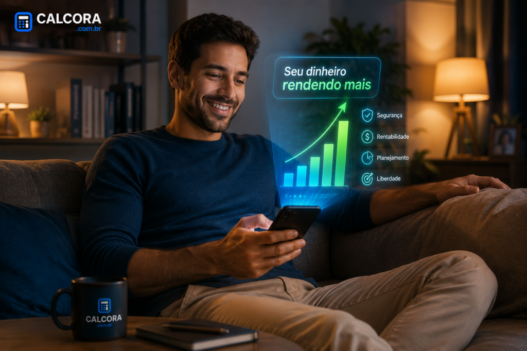 Uma pessoa relaxada e sorridente no sofá de casa, segurando um smartphone. Da tela do celular, saem elementos holográficos sutis, como um gráfico de barras em crescimento (verde e azul) e o texto "Seu dinheiro rendendo mais". O ambiente deve transmitir tranquilidade financeira.