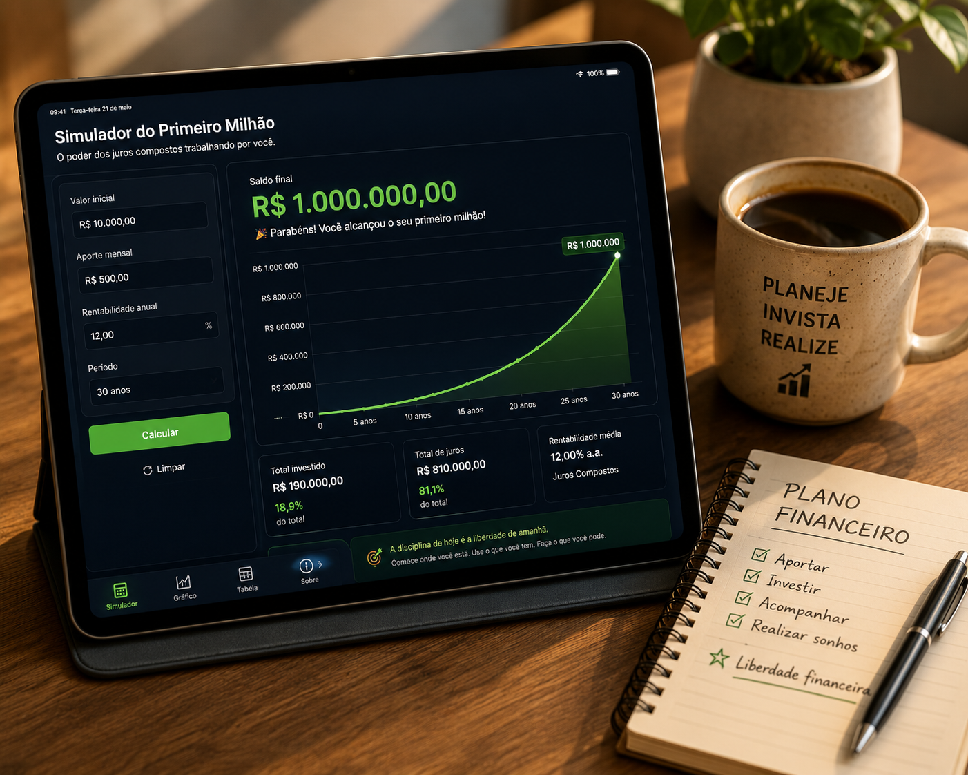 Uma interface moderna em tablet ou smartphone exibindo a tela do simulador com um gráfico em curva ascendente atingindo o topo em R$ 1.000.000,00. Ao lado do dispositivo, uma xícara de café e um caderno de anotações, transmitindo foco, clareza e planejamento financeiro.
