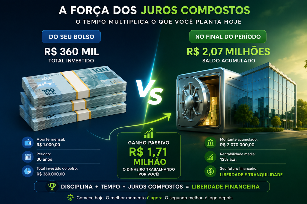 Um infográfico comparativo em estilo moderno e limpo. De um lado, uma pilha de cédulas representando os R$ 360 mil investidos do bolso. Do outro lado, um cofre forte ou prédio espelhado representando os R$ 2,07 milhões acumulados no final do período, destacando o ganho passivo de R$ 1,7 milhão.